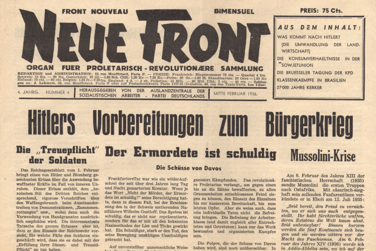 Ausschnitt des Deckblatts der Zeitung „Neue Front. Organ für Proletarisch-revolutionäre Sammlung“ aus dem Jahr 1936. Der abgebildete Titel heißt „Hitlers Vorbereitung zum Bürgerkrieg“ mit den Untertiteln: „Die „Treuepflicht“ der Soldaten“, „Der Ermordete ist schuldig“ und „Mussolini-Krise“.