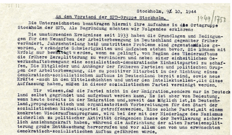Ausschnitt aus einem Brief Willy Brandts an den Vorstand der SPD-Gruppe Stockholm über einen Wiedereintritt in die SPD am 9. Oktober 1944.
