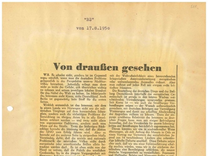 Ausschnitt der BS-Zeitung vom 17. August 1950 mit dem Titel „Von draußen gesehen“ von Willy Brandt.