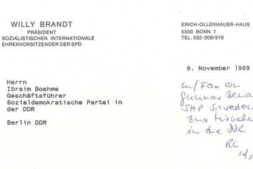 Ausschnitt des Briefkopfes von Willy Brandt, als Präsident der Sozialistischen Internationalen und als Ehrenvorsitzender der SPD, vom 9. November 1989 an Ibraim Boehme, der Geschäftsführer der Sozialdemokratischen Partei in der DDR.