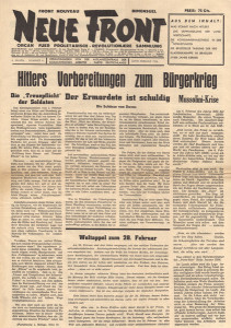 Ausschnitt des Deckblatts der Zeitung „Neue Front. Organ für Proletarisch-revolutionäre Sammlung“ aus dem Jahr 1936. Der abgebildete Titel heißt „Hitlers Vorbereitung zum Bürgerkrieg“ mit den Untertiteln: „Die „Treuepflicht“ der Soldaten“, „Der Ermordete ist schuldig“ und „Mussolini-Krise“.