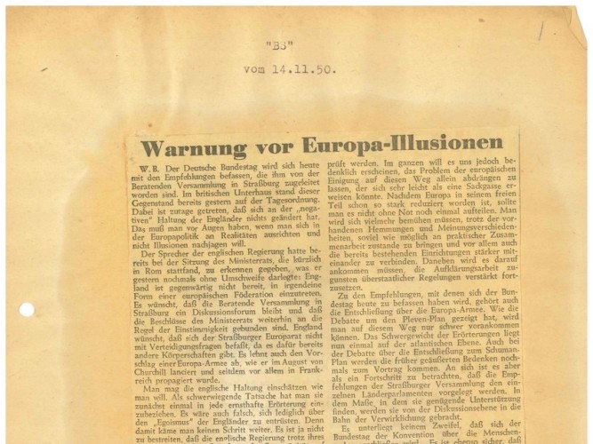 Ausschnitt der BS-Zeitung vom 21. Februar 2951 mit dem Titel „Warnung vor Europa-Illusionen“ von Willy Brandt.